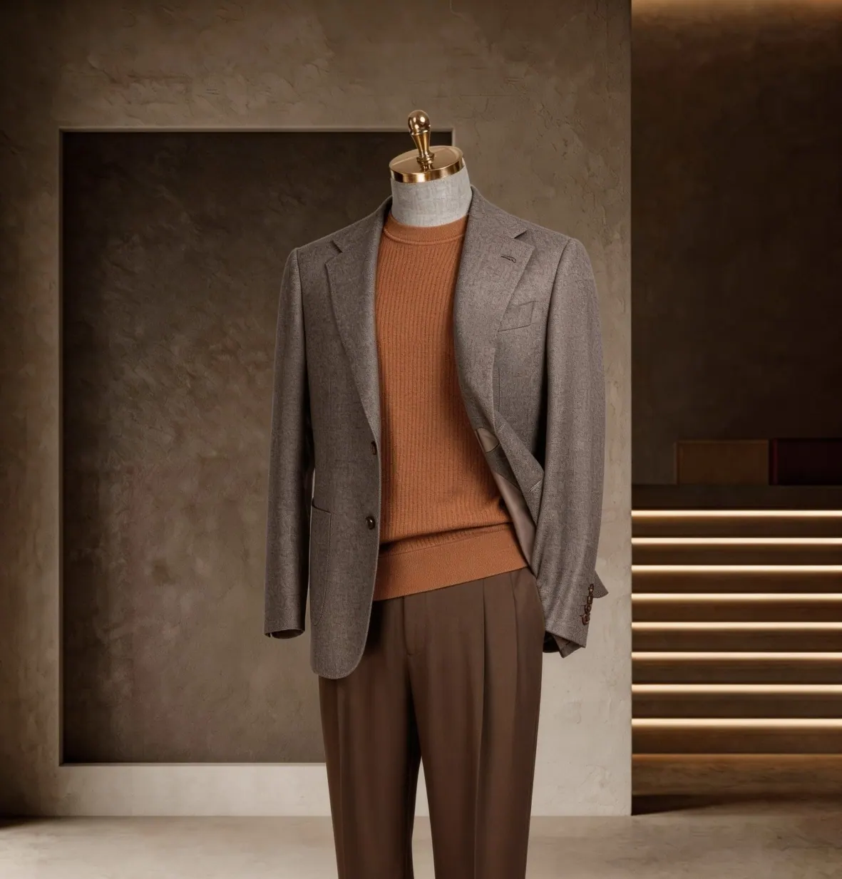 Tuscany Series look 18: Gray blazer, Rust knit, Brown trousers at Wuyue Bespoke Tailoring Shanghai