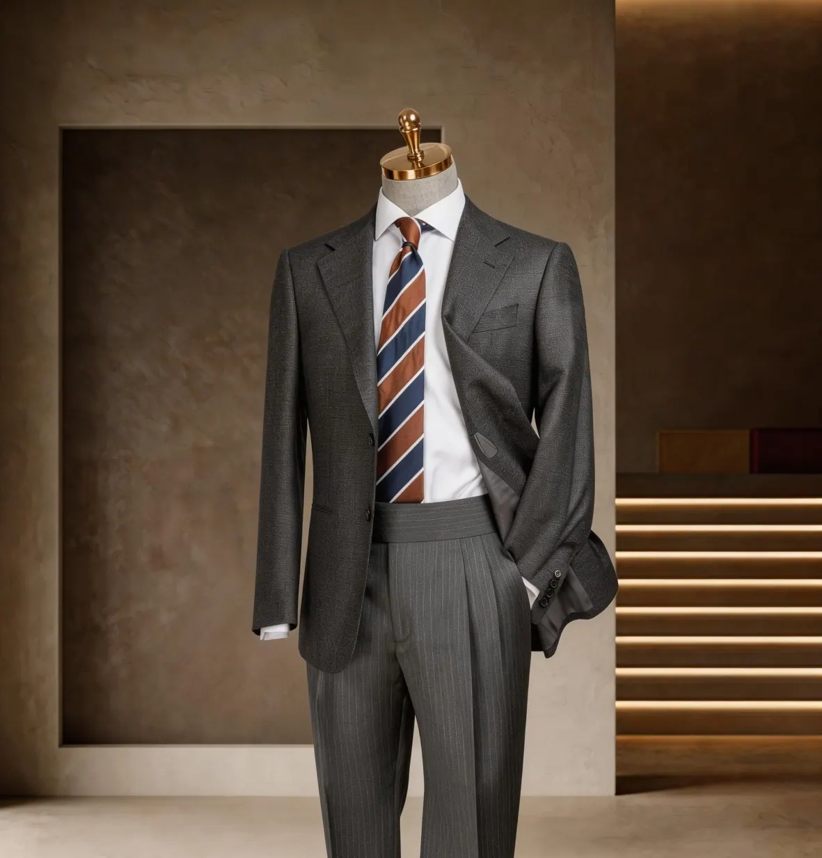Tuscany Series look 19: Charcoal suit, Striped tie, Classic tailoring at Wuyue Bespoke Tailoring Shanghai