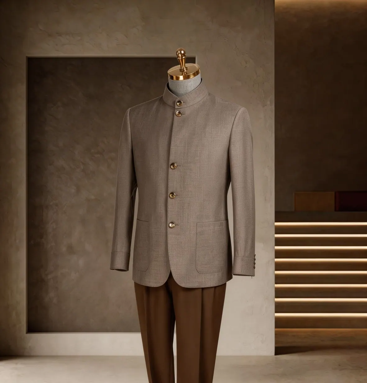 Tuscany Series look 20: Taupe mandarin jacket, Brown trousers, Minimalist tailoring at Wuyue Bespoke Tailoring Shanghai