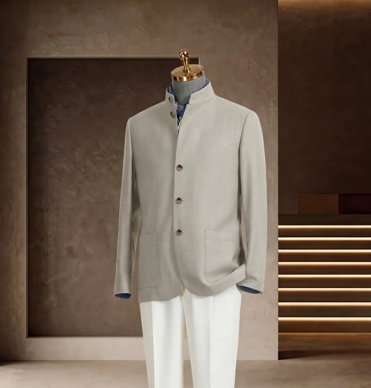 Tuscany Series look 21: Ivory mandarin suit, Tonal layers, Clean ceremony at Wuyue Bespoke Tailoring Shanghai