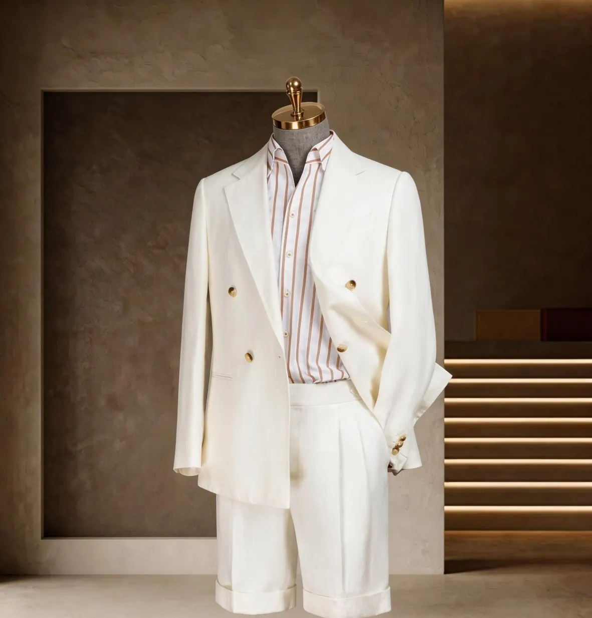 Tuscany Series look 22: White double-breasted suit, Striped shirt, Soft summer at Wuyue Bespoke Tailoring Shanghai