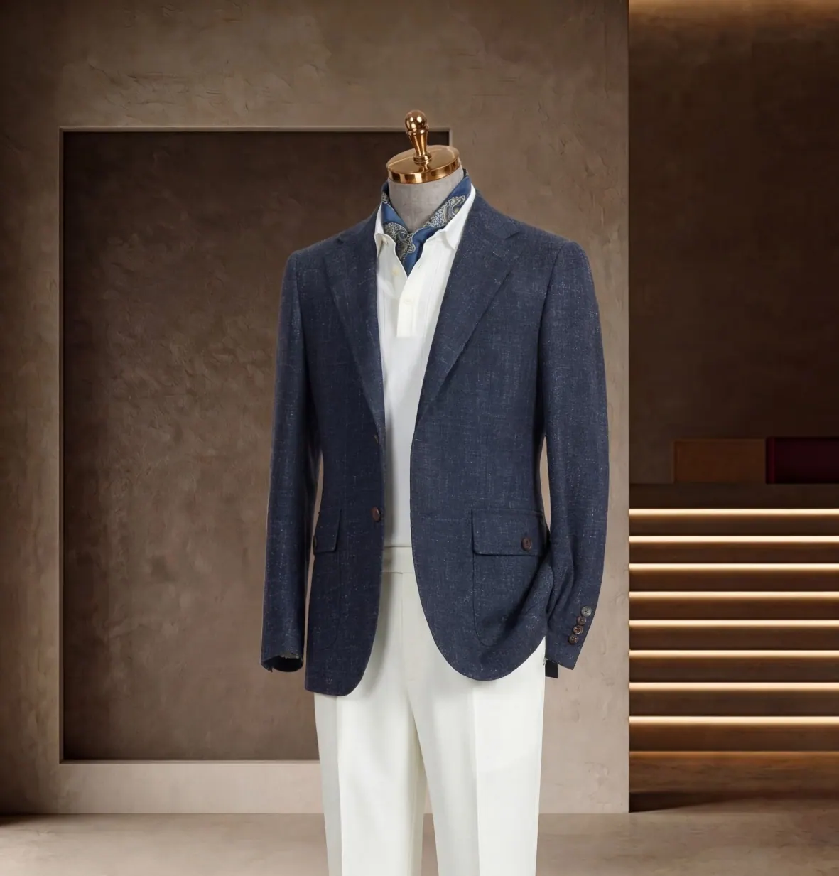 Tuscany Series look 23: Blue blazer, White trousers, Scarf accent at Wuyue Bespoke Tailoring Shanghai