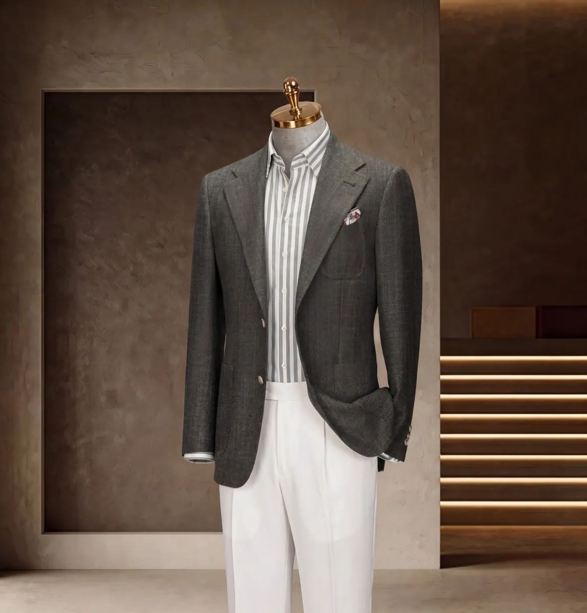 Tuscany Series look 24: Charcoal blazer, White trousers, Striped shirt at Wuyue Bespoke Tailoring Shanghai