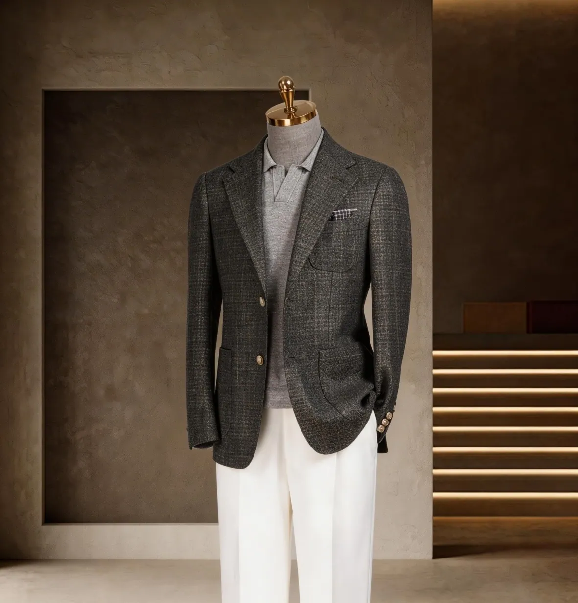 Tuscany Series look 25: Gray check blazer, White trousers, Quiet texture at Wuyue Bespoke Tailoring Shanghai