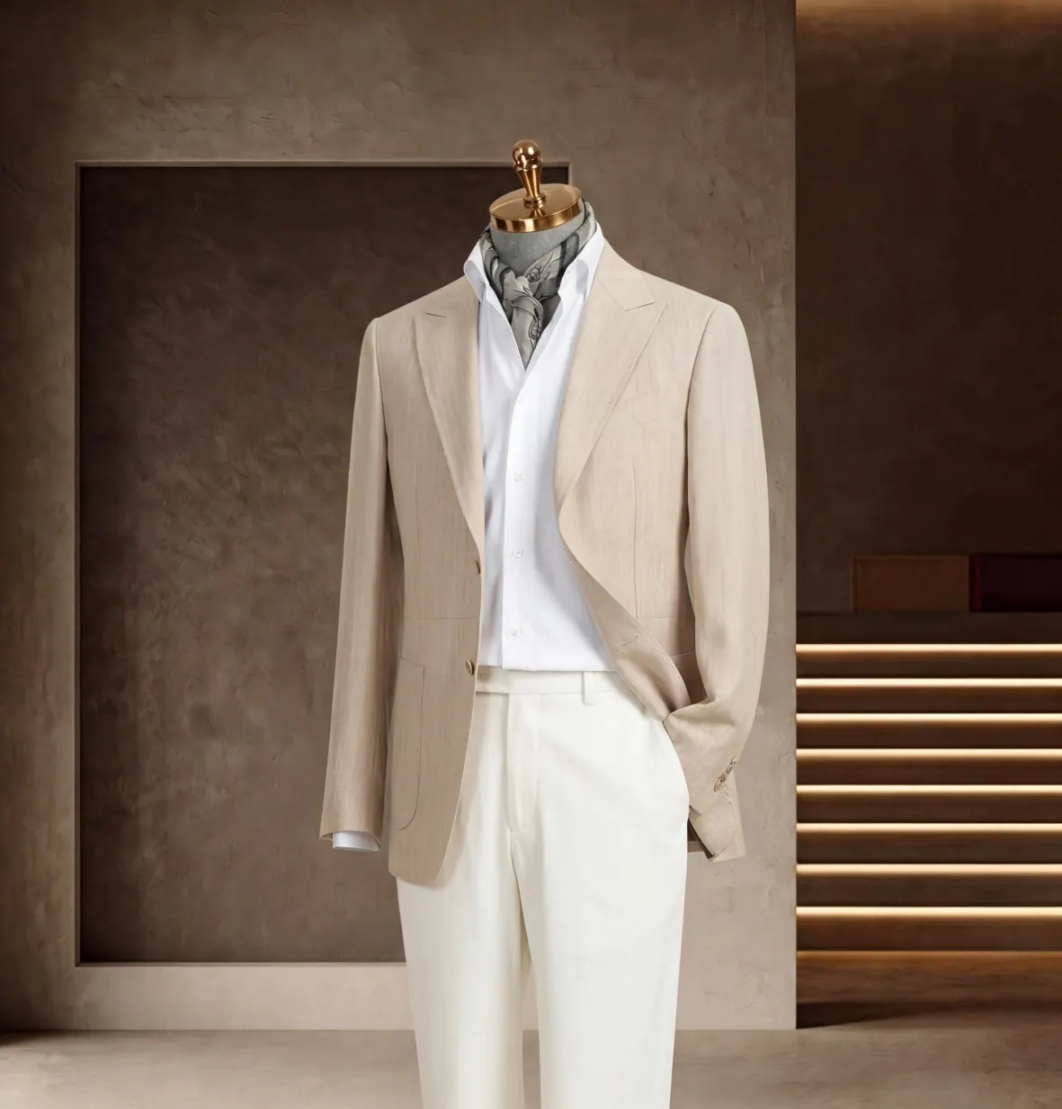 Tuscany Series look 26: Ivory blazer, White layers, Scarf accent at Wuyue Bespoke Tailoring Shanghai