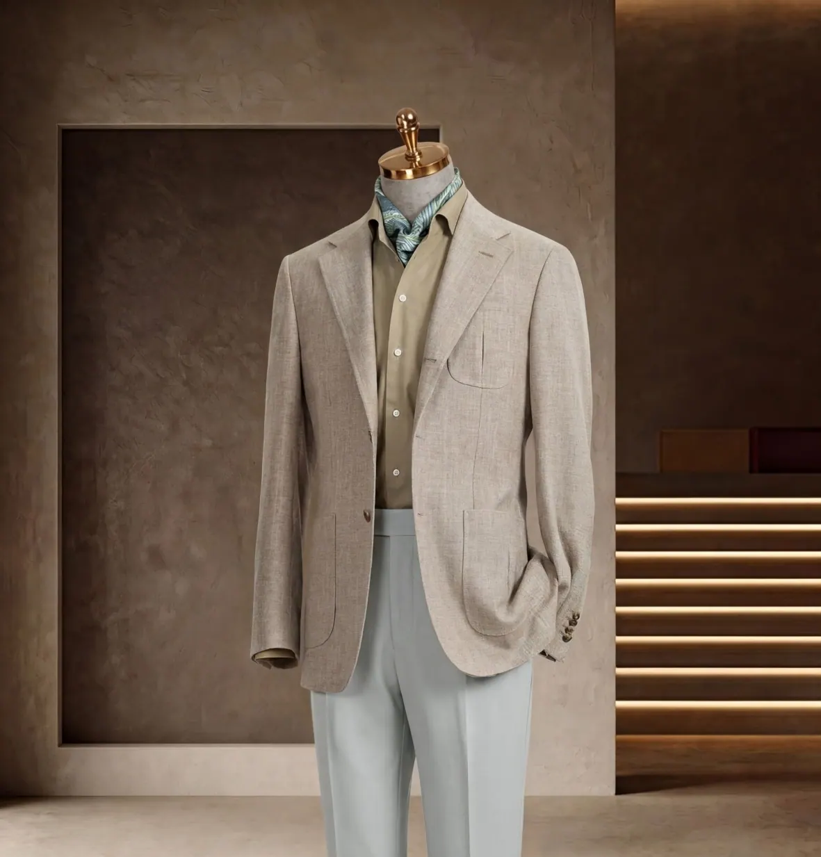 Tuscany Series look 27: Beige blazer, Pale blue trousers, Soft Italian color at Wuyue Bespoke Tailoring Shanghai
