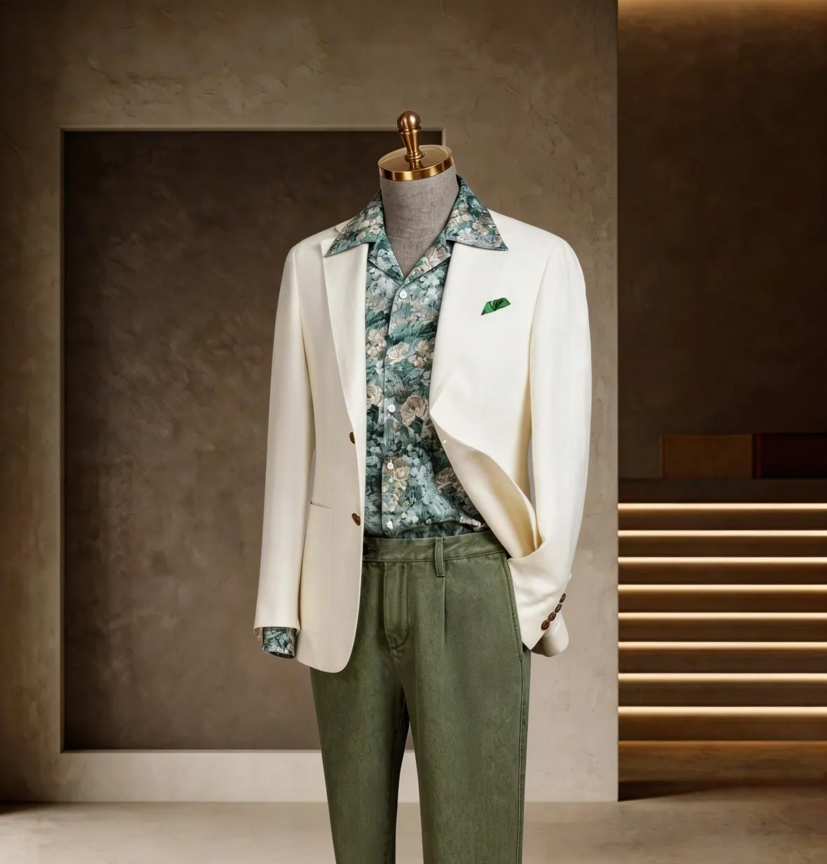 Tuscany Series look 28: Cream blazer, Green trousers, Botanical shirt at Wuyue Bespoke Tailoring Shanghai