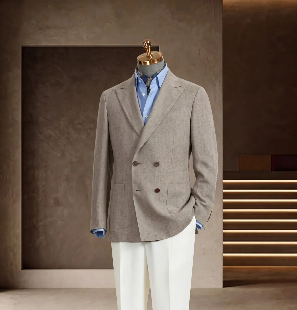 Tuscany Series look 29: Beige double-breasted blazer, Blue shirt, White trousers at Wuyue Bespoke Tailoring Shanghai