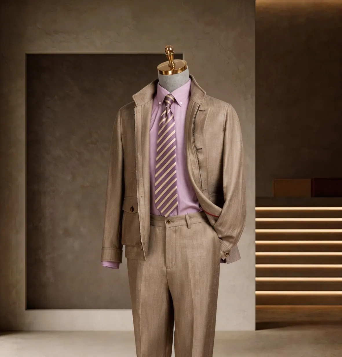 Tuscany Series look 31: Tan suit, Pink striped tie, Warm business at Wuyue Bespoke Tailoring Shanghai