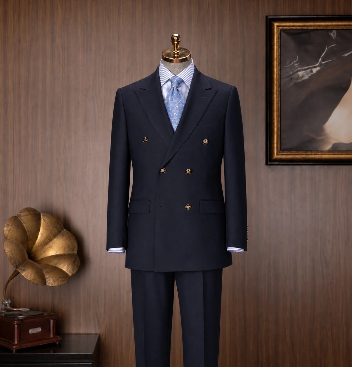 Wedding Collection look 1: Navy double-breasted, Blue patterned tie, Wedding suit at Wuyue Bespoke Tailoring Shanghai