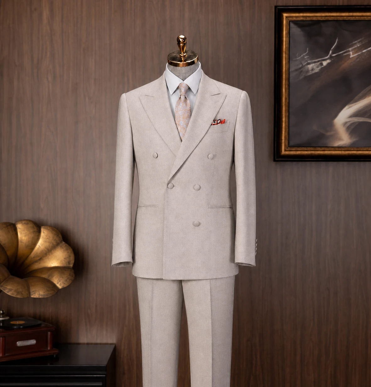 Wedding Collection look 2: Ivory double-breasted, Pale tie, Red pocket square at Wuyue Bespoke Tailoring Shanghai