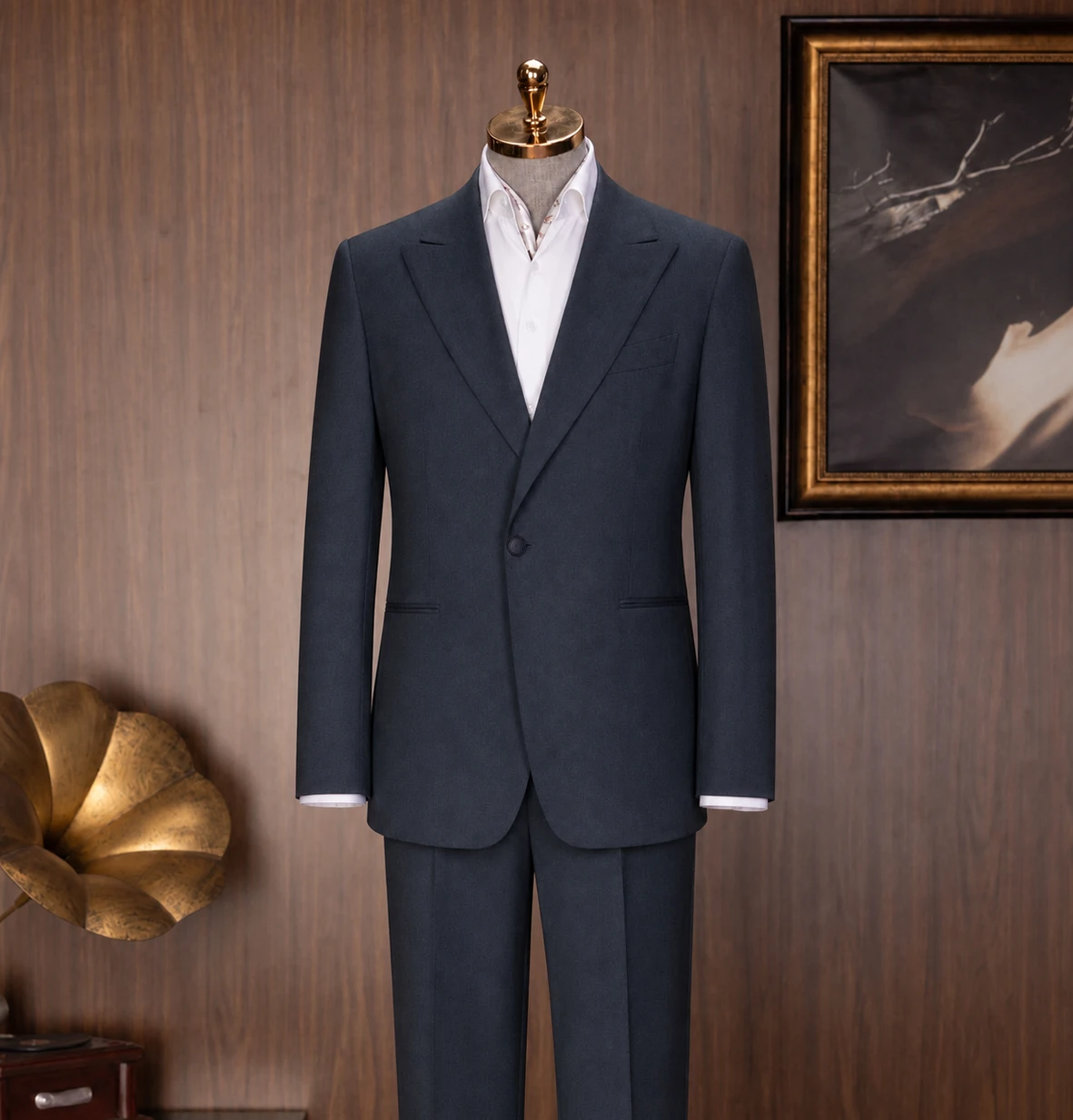 Wedding Collection look 4: Slate-blue single-breasted, Open-collar shirt, Modern ceremony at Wuyue Bespoke Tailoring Shanghai
