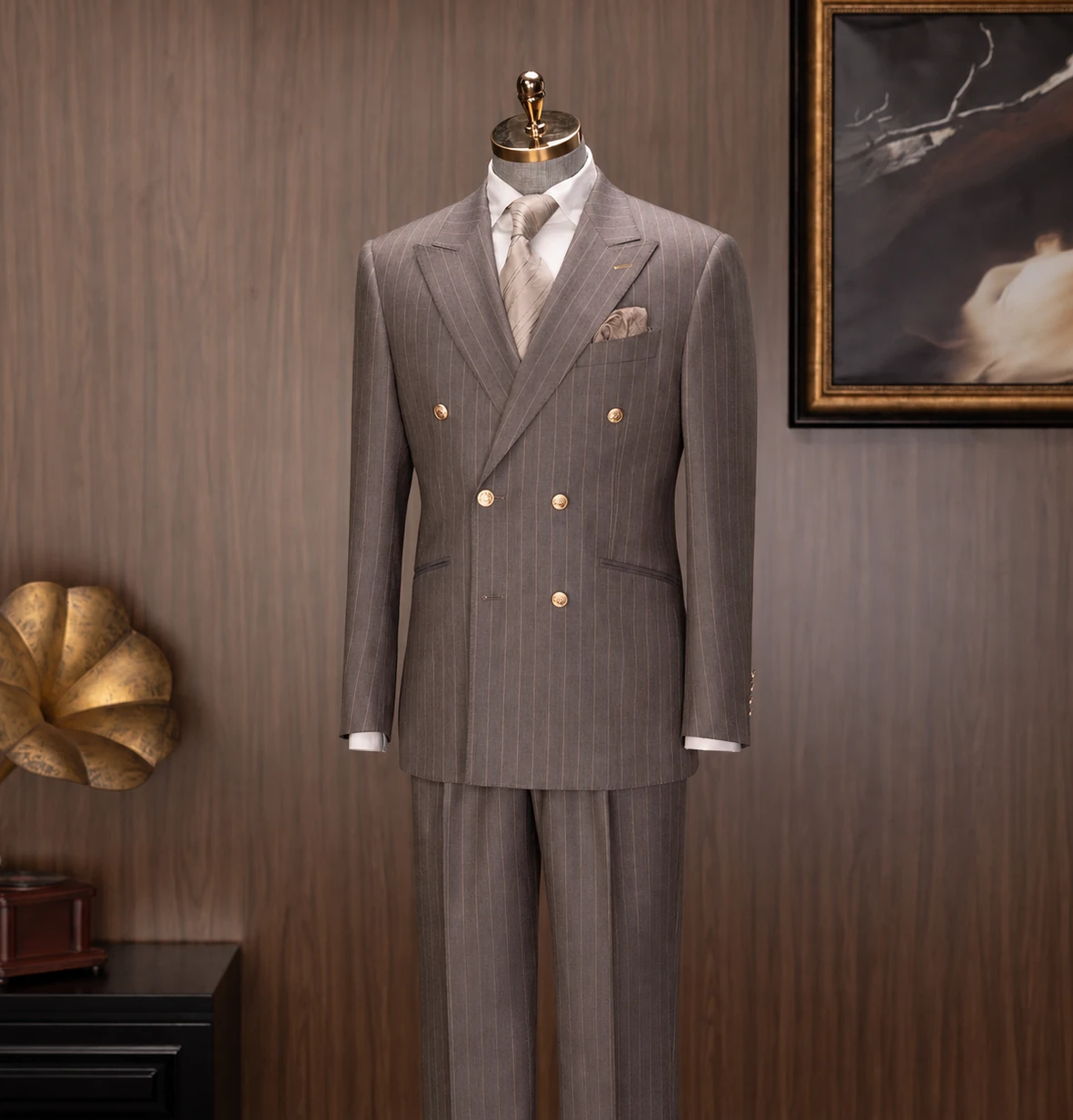 Wedding Collection look 5: Taupe pinstripe, Double-breasted, Pale tie at Wuyue Bespoke Tailoring Shanghai
