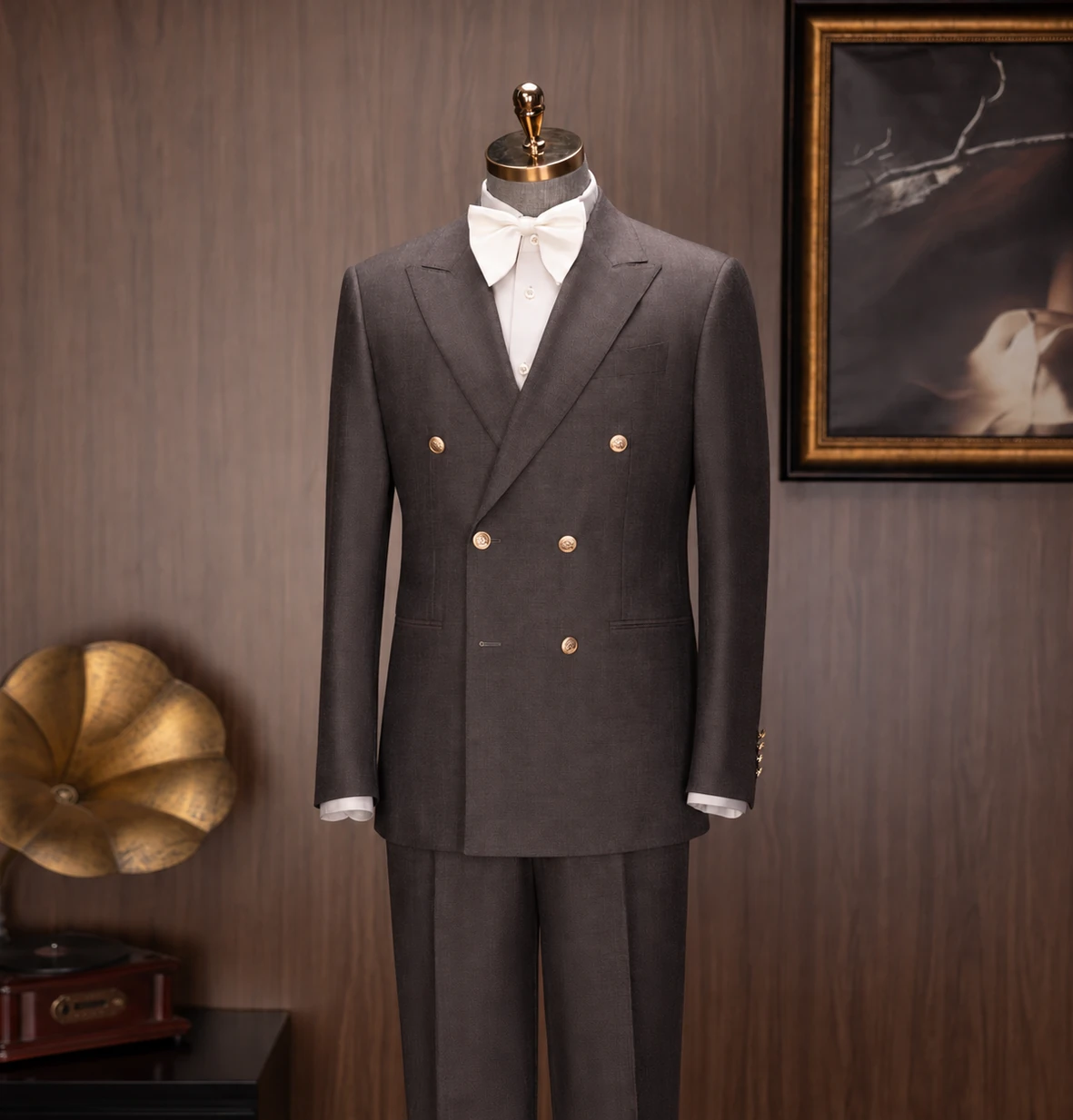 Wedding Collection look 6: Dark brown double-breasted, White bow tie, Formal evening at Wuyue Bespoke Tailoring Shanghai