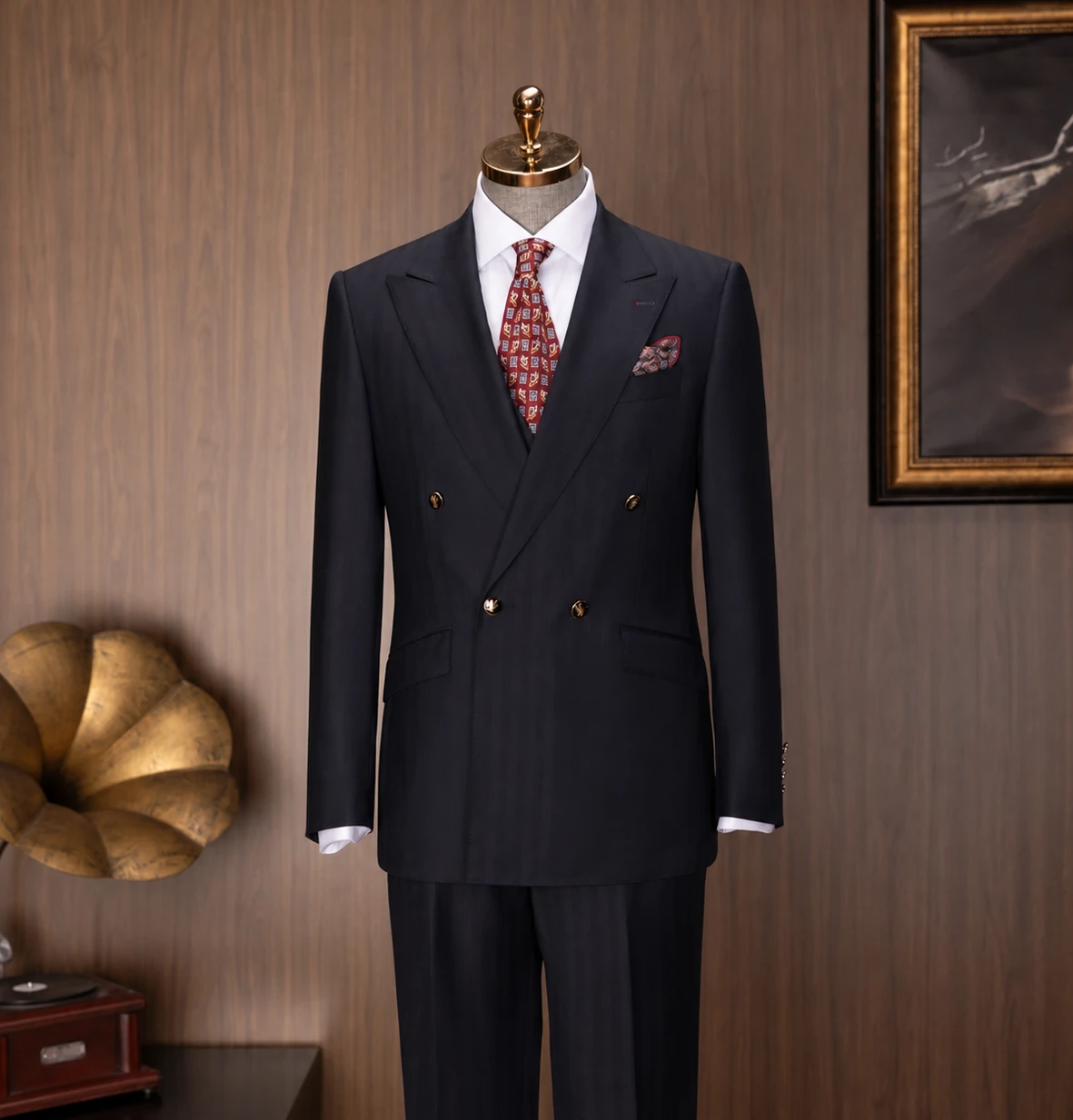 Wedding Collection look 7: Midnight navy double-breasted, Red patterned tie, Ceremony tailoring at Wuyue Bespoke Tailoring Shanghai