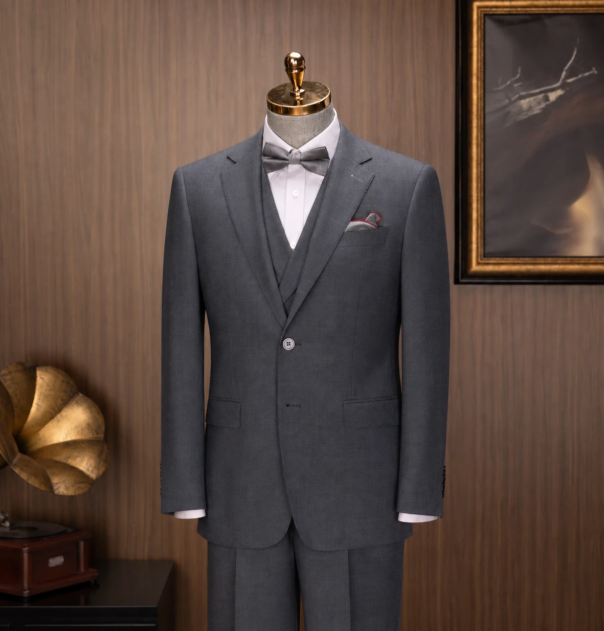 Wedding Collection look 9: Steel-gray single-breasted, Gray bow tie, Formal suit at Wuyue Bespoke Tailoring Shanghai